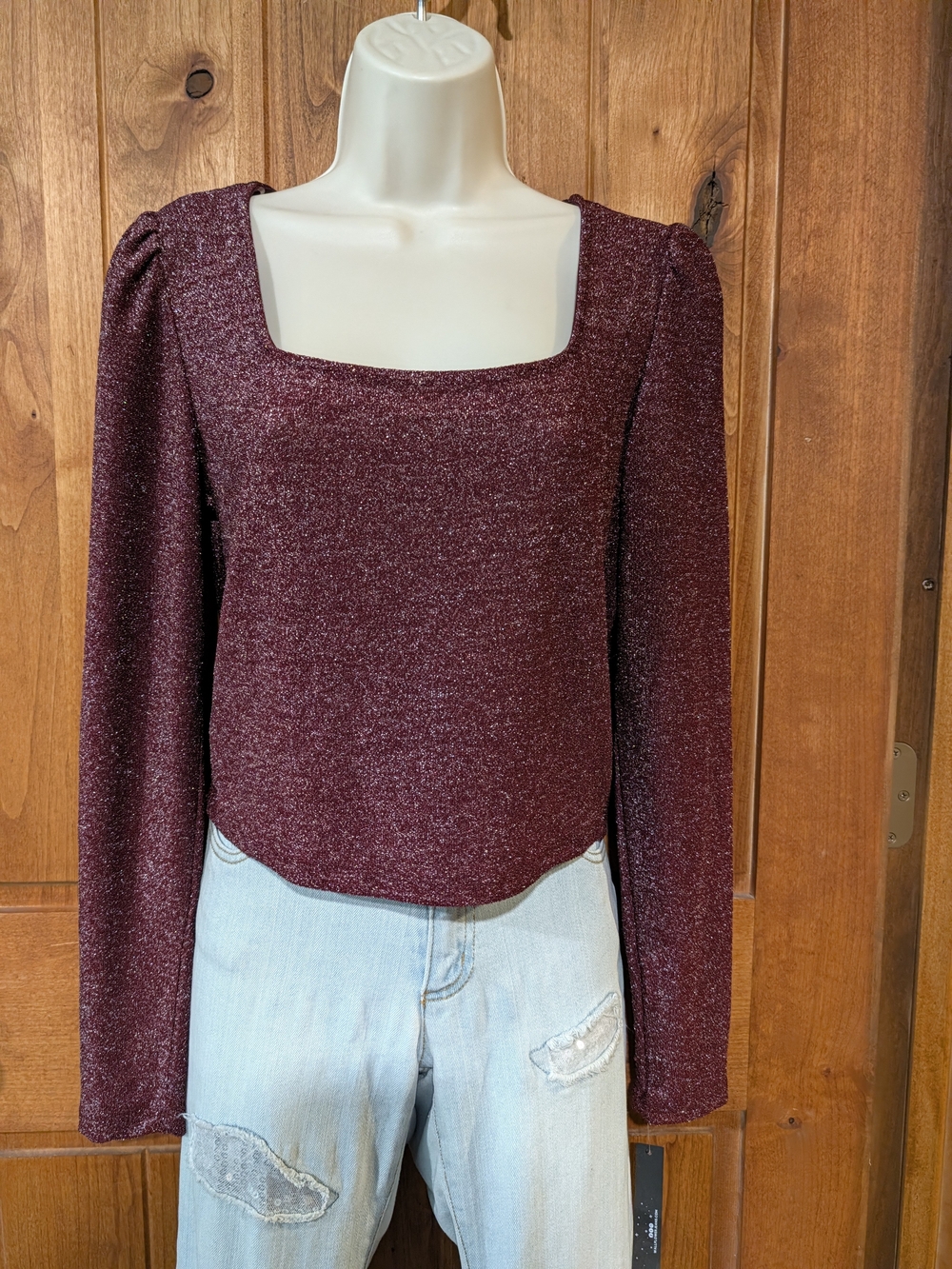 Wallflower Metallic Square-Neck Long Sleeve Top in Wine